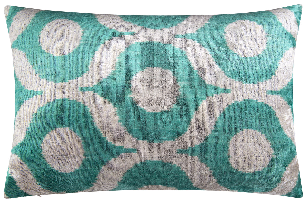 Handmade Velvet Throw Pillow - 16x24 Inches, Naturally Vegetable-Dyed, Premium Down Feather Insert - Teal and Beige Geometric Design, Luxury Home Decor Accent