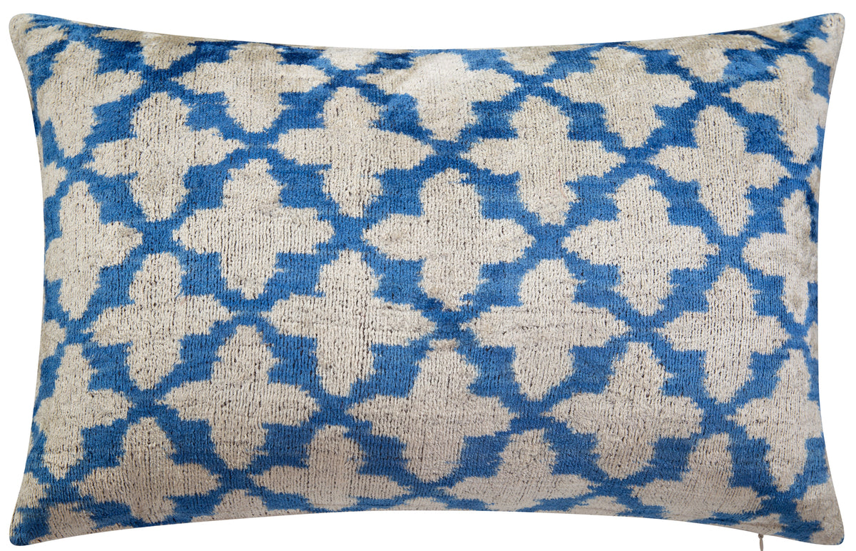 Handmade Velvet Throw Pillow - 16x24 Inches, Naturally Vegetable-Dyed, Premium Down Feather Insert - Blue and Beige Moroccan Trellis Design, Luxury Home Decor Accent