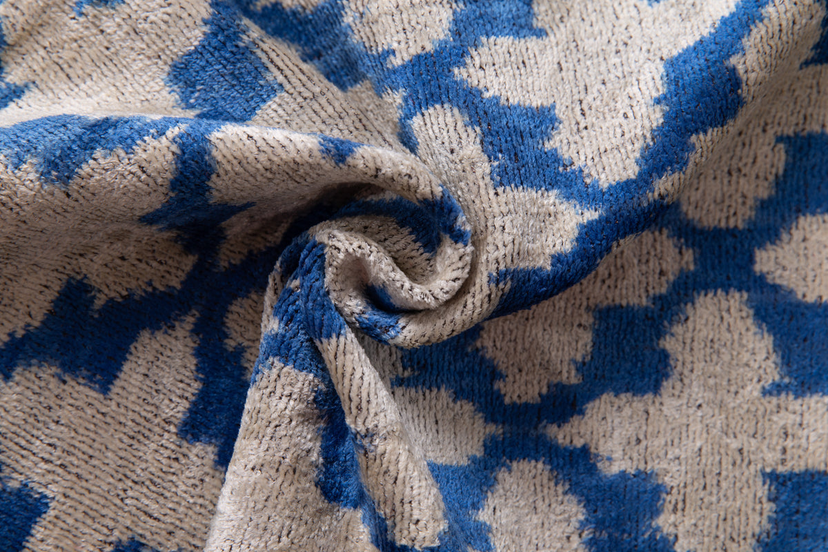 Handmade Velvet Throw Pillow - 16x24 Inches, Naturally Vegetable-Dyed, Premium Down Feather Insert - Blue and Beige Moroccan Trellis Design, Luxury Home Decor Accent