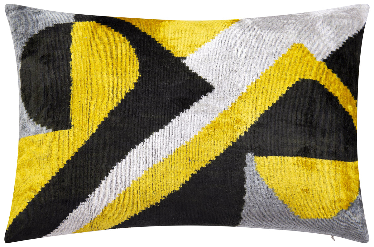 Luxury Handmade Velvet Throw Pillow - 16x24 Inches, Naturally Vegetable-Dyed, Premium Down Feather Insert - Modern Geometric Yellow, Black & Gray Decor Accent