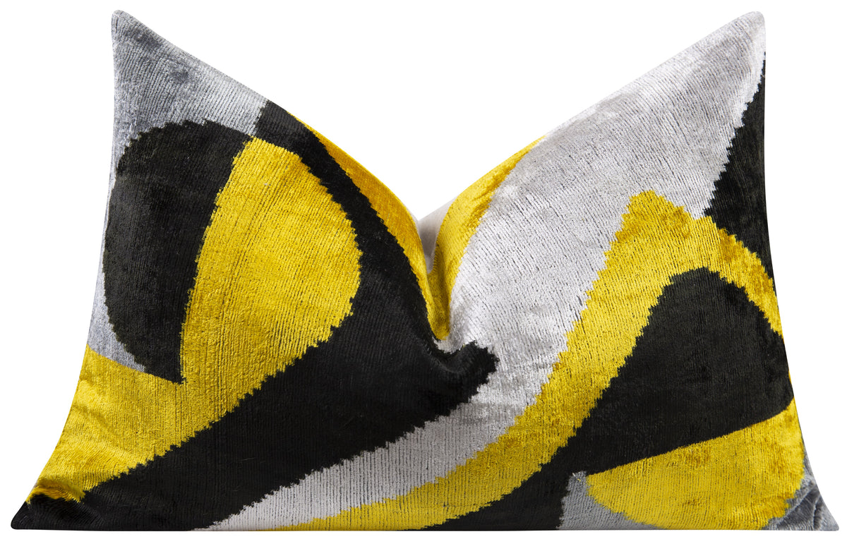 Luxury Handmade Velvet Throw Pillow - 16x24 Inches, Naturally Vegetable-Dyed, Premium Down Feather Insert - Modern Geometric Yellow, Black & Gray Decor Accent