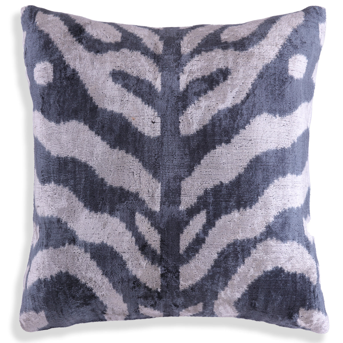 Gray Cream Ikat Silk Velvet Pillow – 16x16 Handmade Luxury Throw