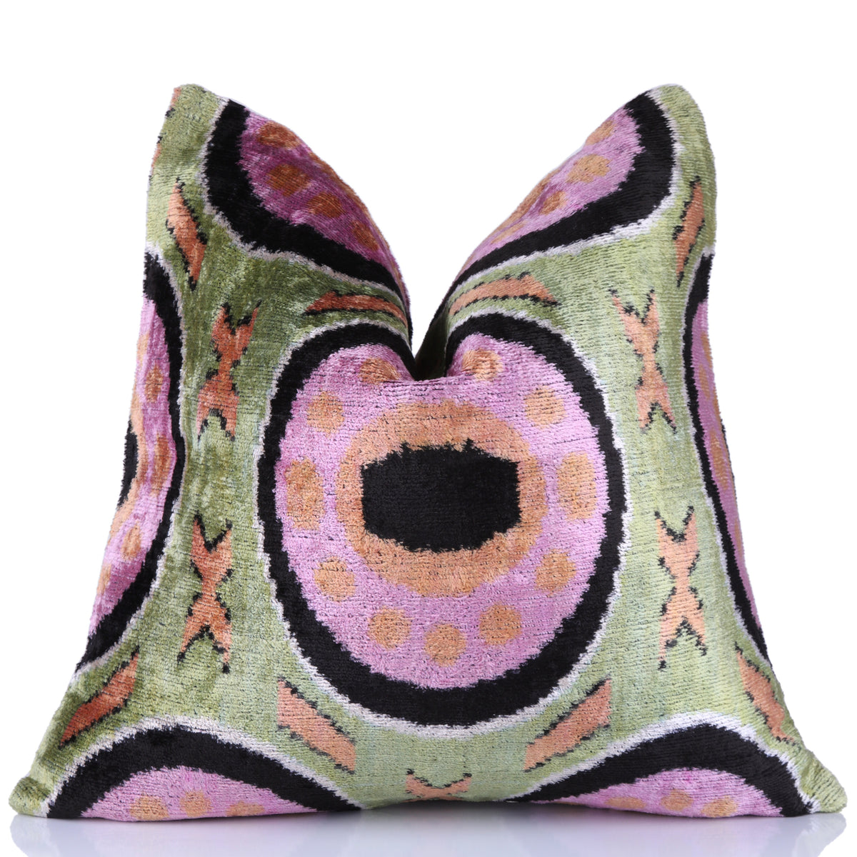 Green Lilac Black Geometric Silk Velvet Pillow – 16x16 Handmade