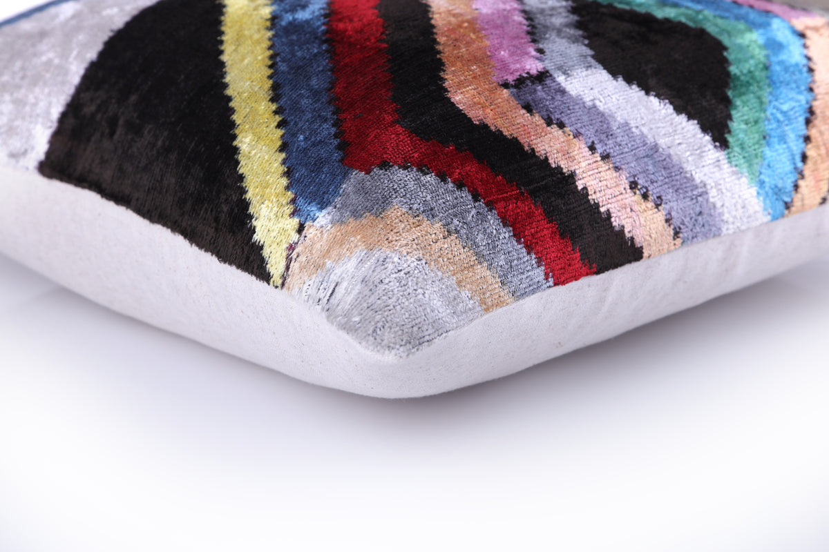 Colorful Zigzag Ikat Pillow – 16x16” Silk Velvet | Handmade Luxe