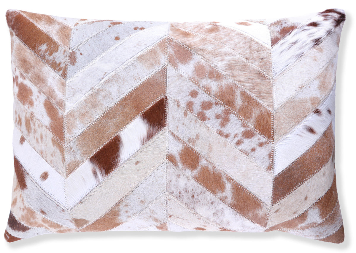 Luxury Tan & White Genuine Cowhide Leather Chevron Throw Pillow 16x24 | Handmade Designer Lumbar Cushion