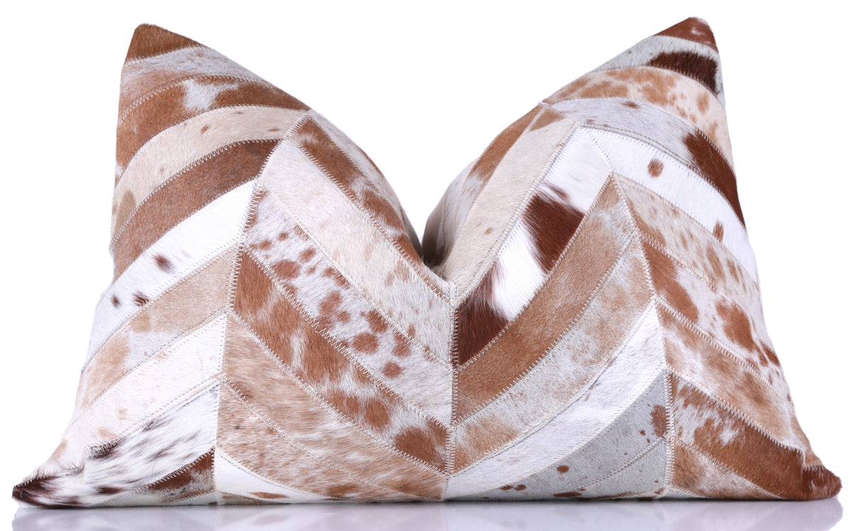 Luxury Tan & White Genuine Cowhide Leather Chevron Throw Pillow 16x24 | Handmade Designer Lumbar Cushion