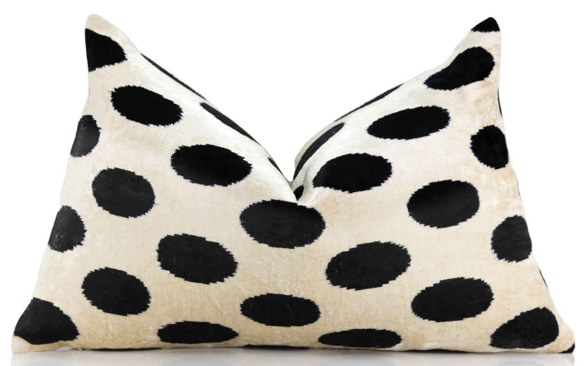Handmade Velvet Throw Pillow – Black Polka Dot on Ivory (16x24)