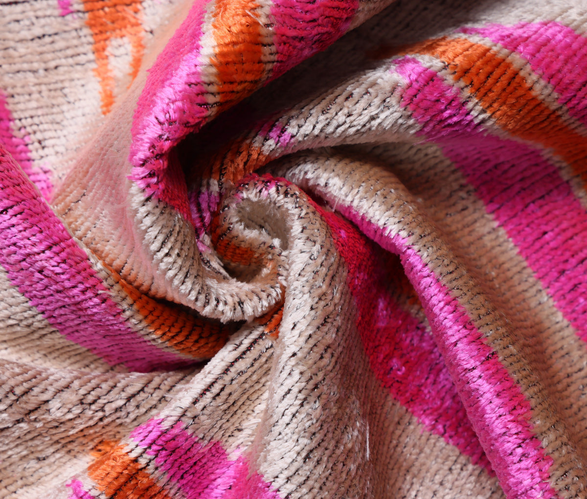 Hand-Knotted Silk Velvet Ikat Lumbar Pillow - 16x24 Fuchsia & Saffron