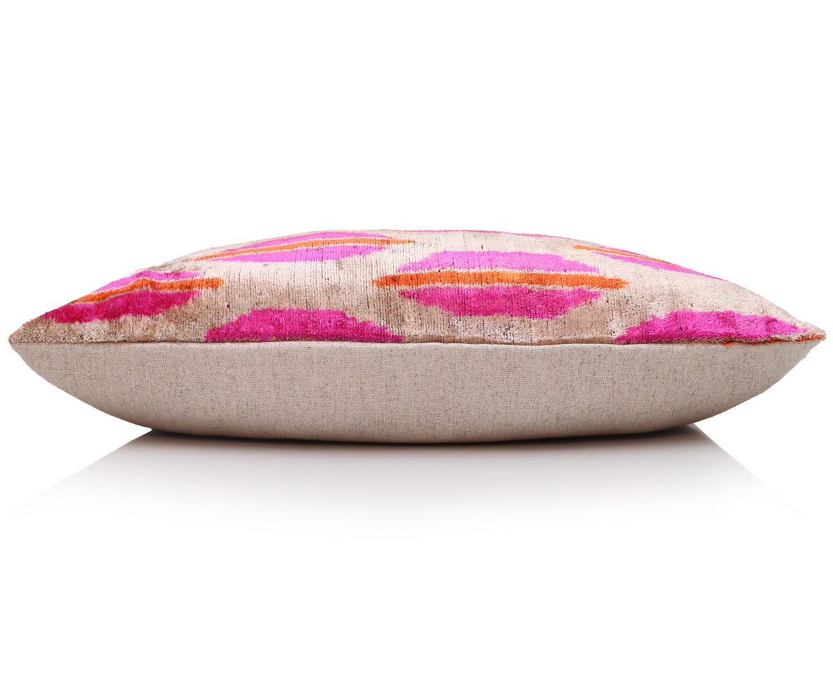 Hand-Knotted Silk Velvet Ikat Lumbar Pillow - 16x24 Fuchsia & Saffron