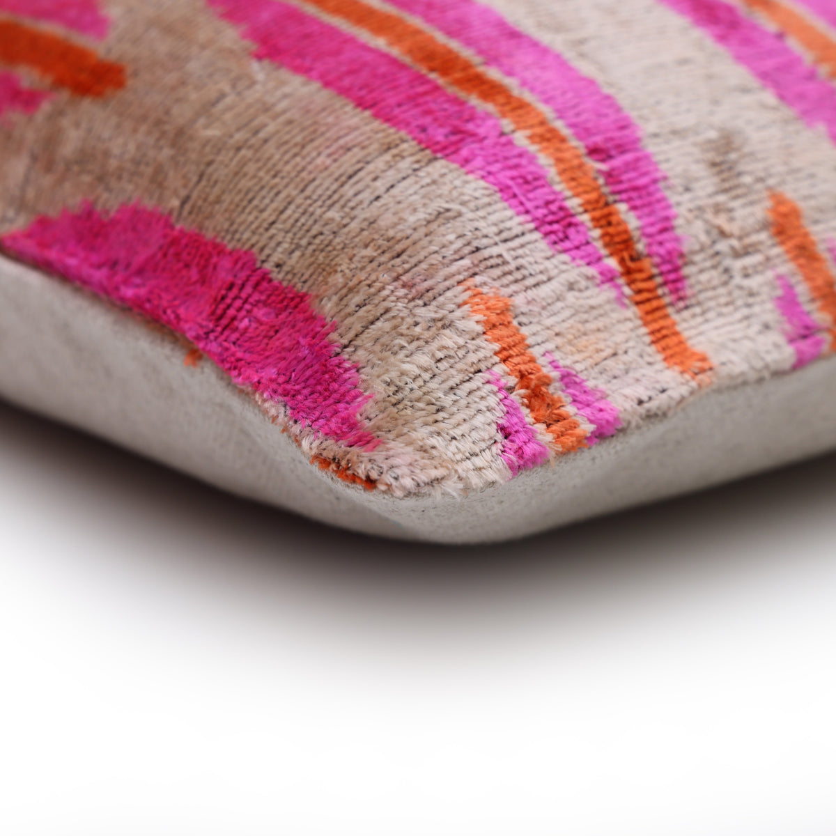 Hand-Knotted Silk Velvet Ikat Lumbar Pillow - 16x24 Fuchsia & Saffron