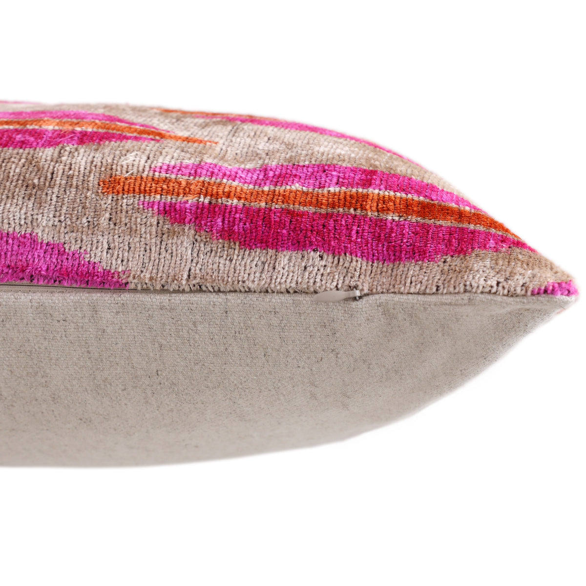 Hand-Knotted Silk Velvet Ikat Lumbar Pillow - 16x24 Fuchsia & Saffron