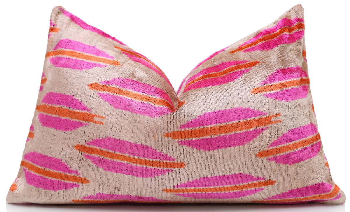 Hand-Knotted Silk Velvet Ikat Lumbar Pillow - 16x24 Fuchsia & Saffron