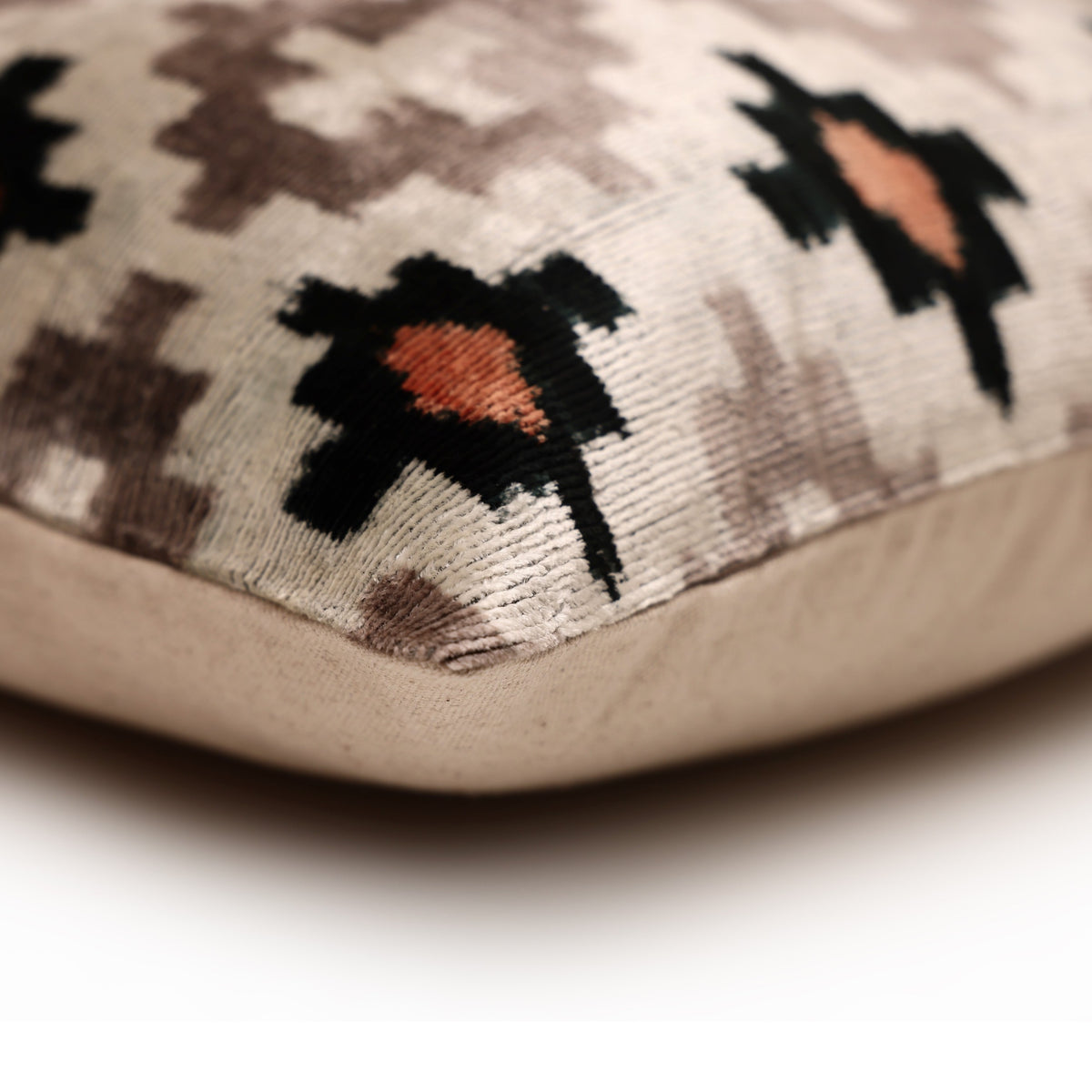 Luxury Neutral Ikat Velvet Throw Pillow 20x20 | Handmade Designer Silk Velvet Cushion
