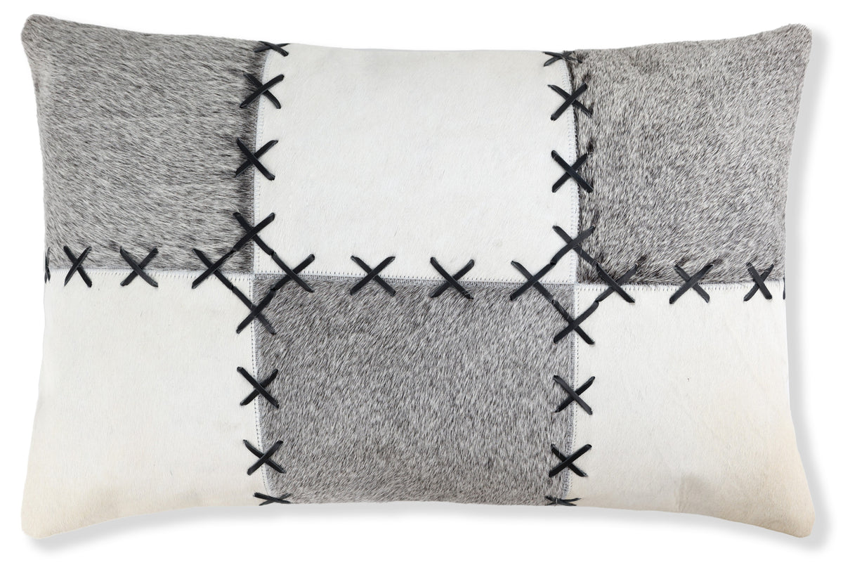Luxury White & Gray Genuine Cowhide Leather Patchwork Throw Pillow 16x24 | Handmade Designer Lumbar Cushion