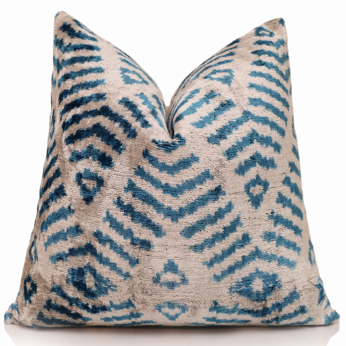 Handmade Blue Ikat Silk Velvet Pillow 20x20 | Designer Accent Cushion