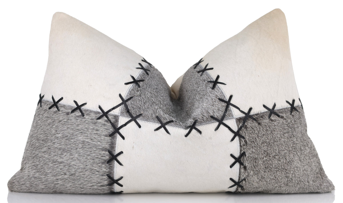 Luxury White & Gray Genuine Cowhide Leather Patchwork Throw Pillow 16x24 | Handmade Designer Lumbar Cushion