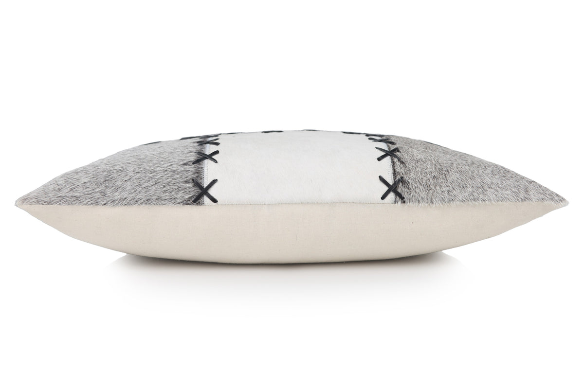 Luxury White & Gray Genuine Cowhide Leather Patchwork Throw Pillow 16x24 | Handmade Designer Lumbar Cushion