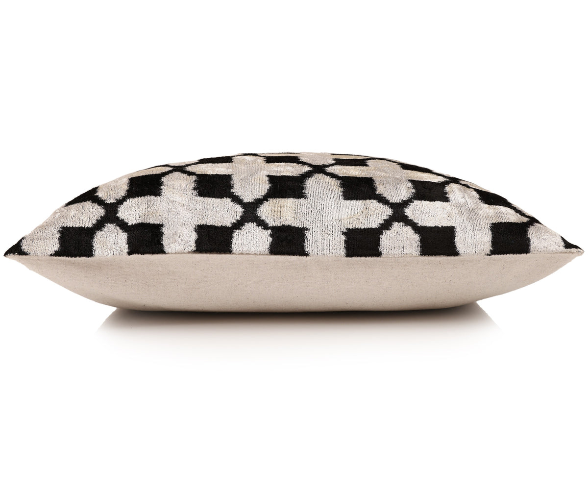 Handmade Velvet Ikat Lumbar Pillow 16x24 | Black & Ivory Geometric