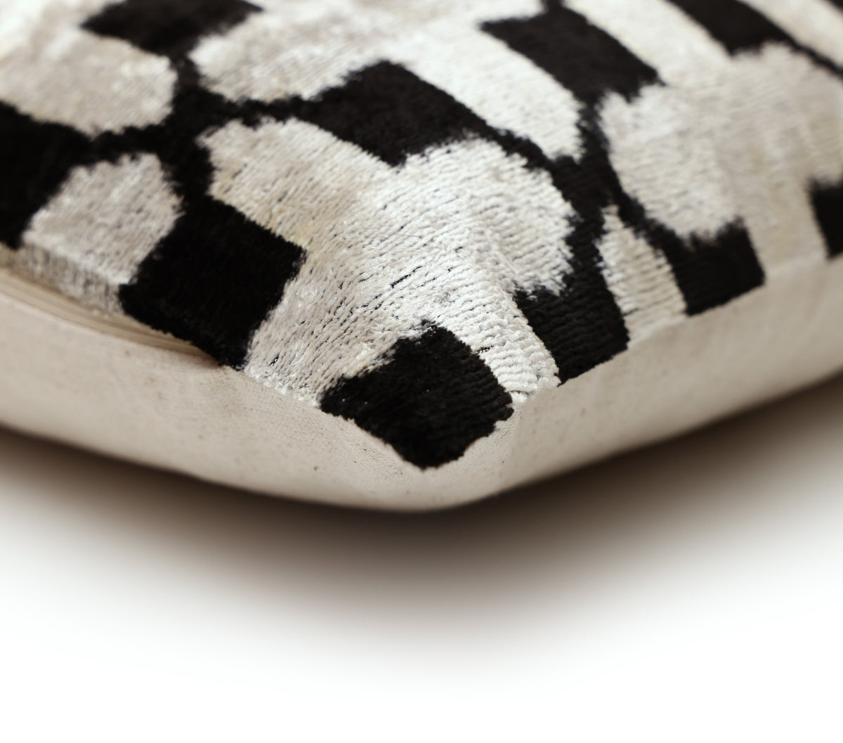 Handmade Velvet Ikat Lumbar Pillow 16x24 | Black & Ivory Geometric