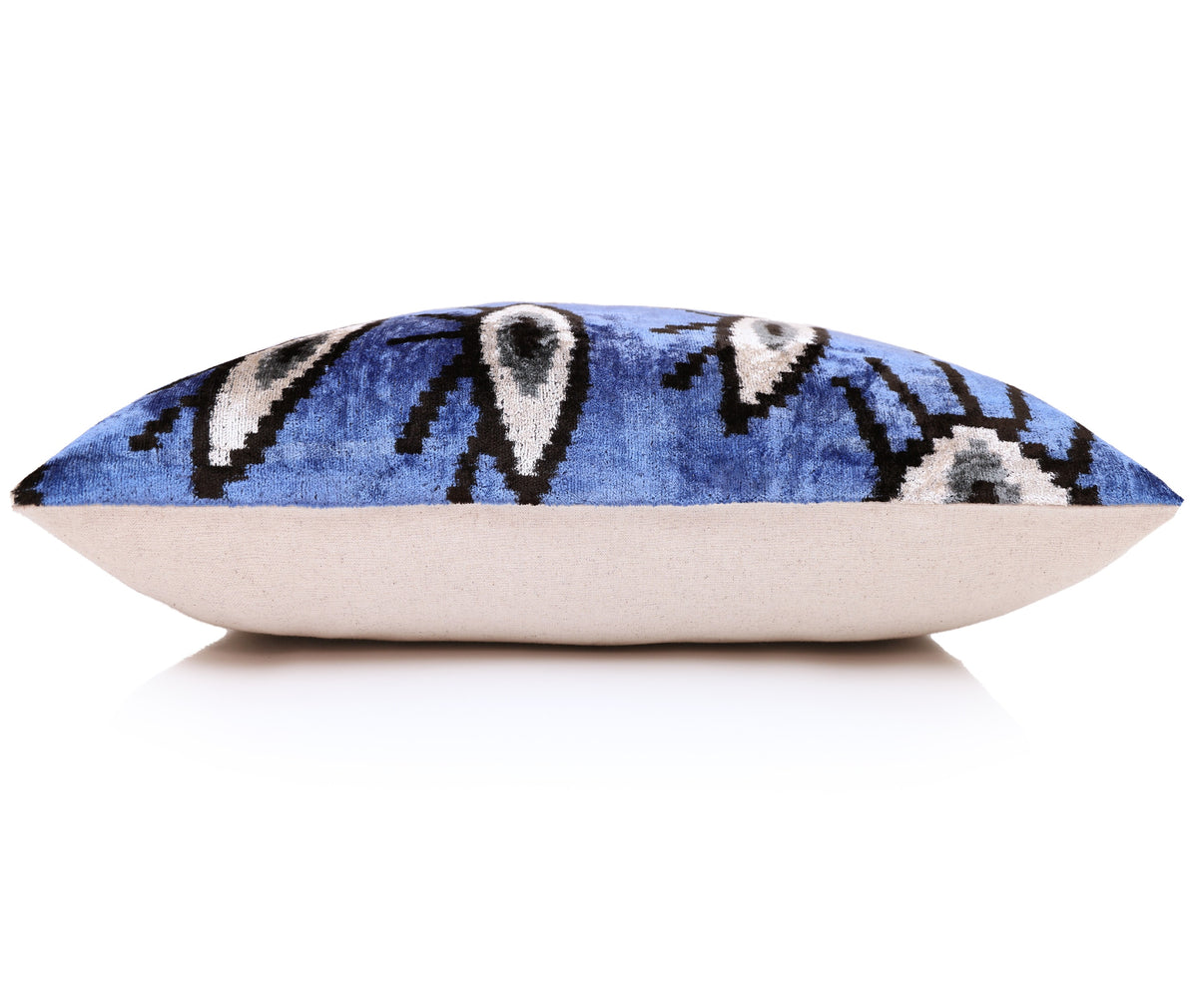 Handmade Blue Ikat Velvet Lumbar Pillow 16x24 | Sapphire & Black Abstract