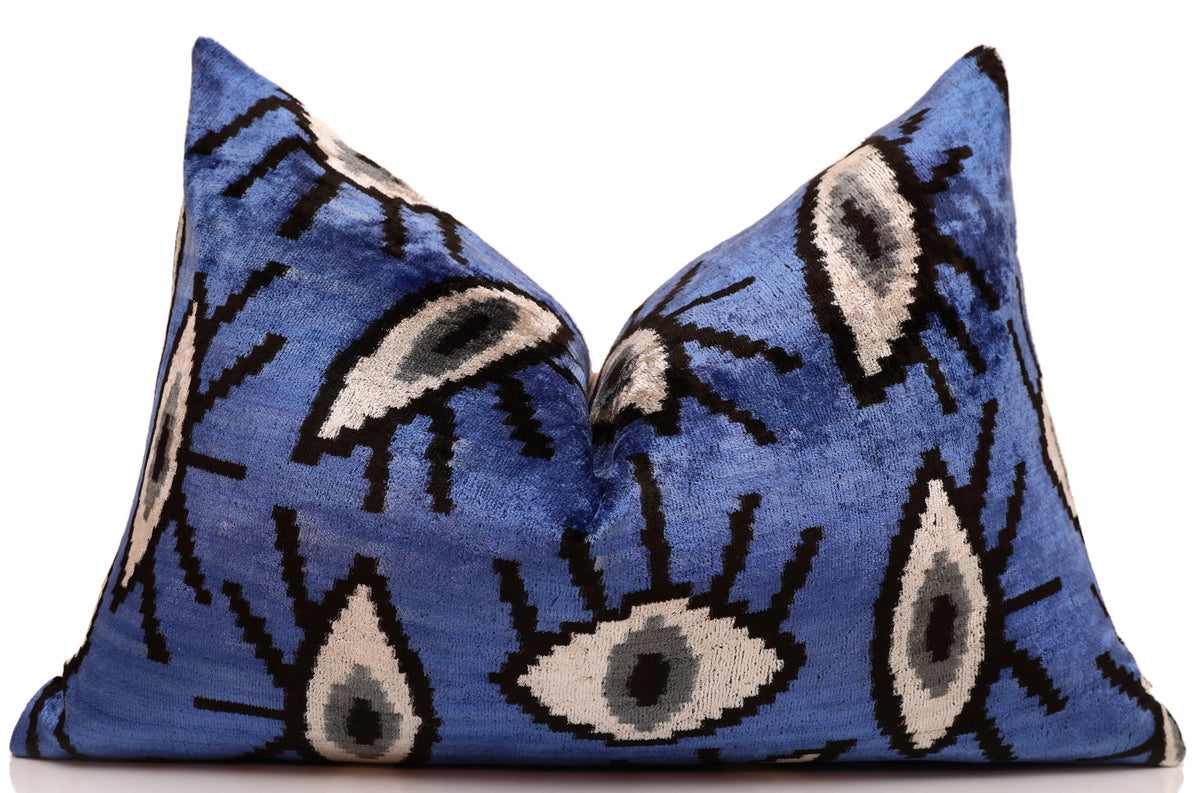 Handmade Blue Ikat Velvet Lumbar Pillow 16x24 | Sapphire & Black Abstract