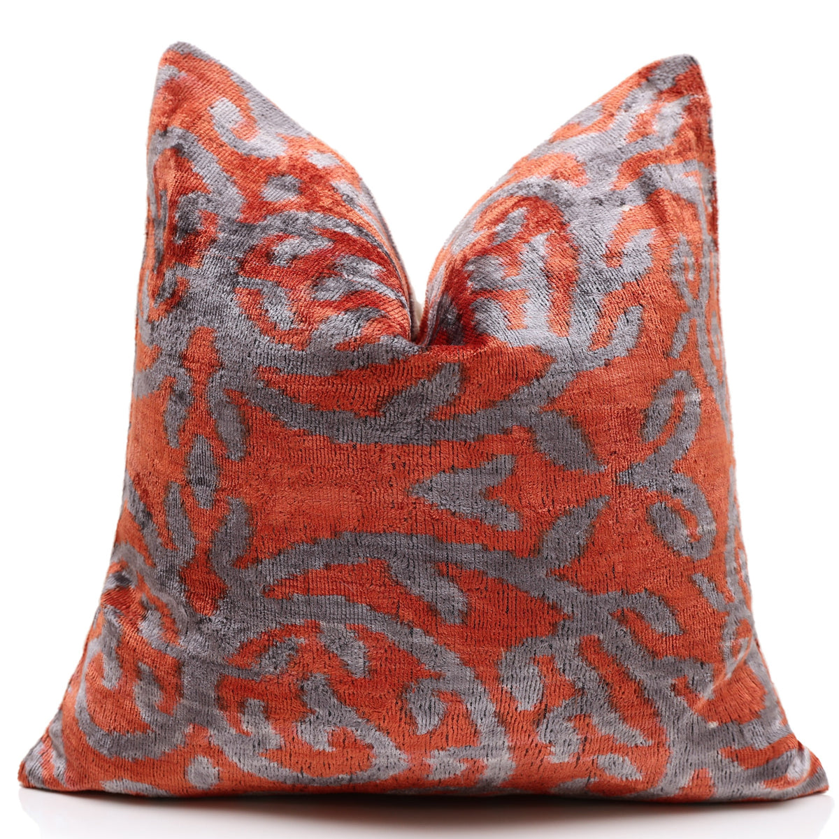 Hand-Knotted Silk Velvet Ikat Pillow - 16x16 Midnight & Silver Wave