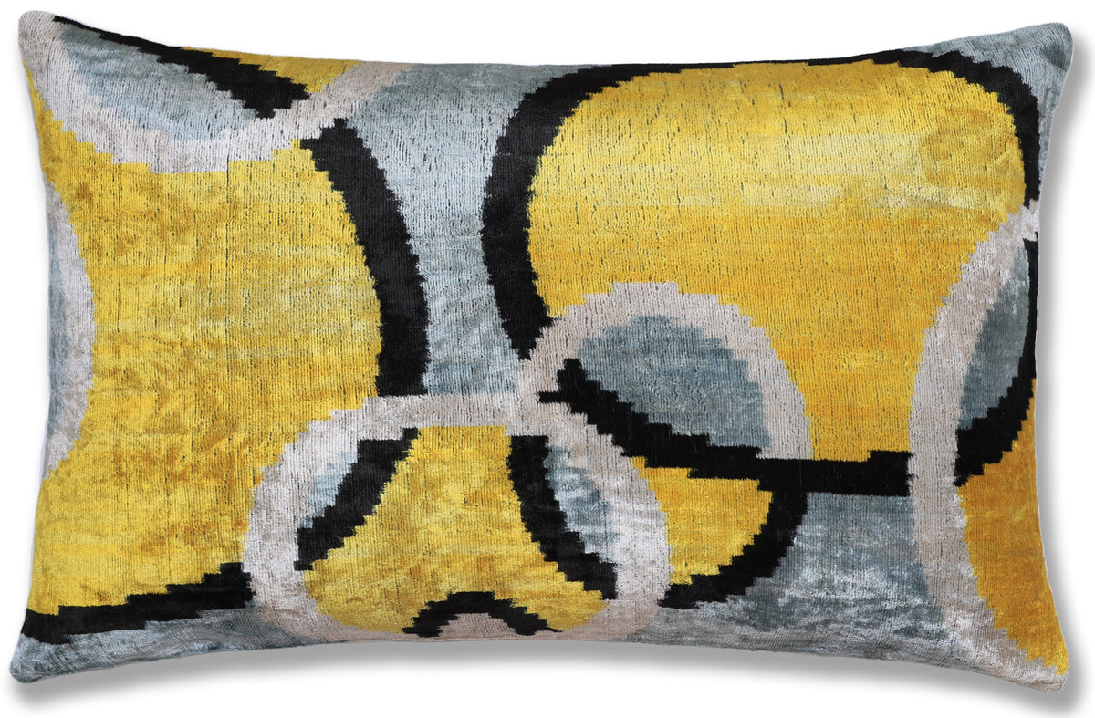 Yellow Abstract Ikat Velvet Lumbar Pillow 16x24 | Handmade Luxury Accent