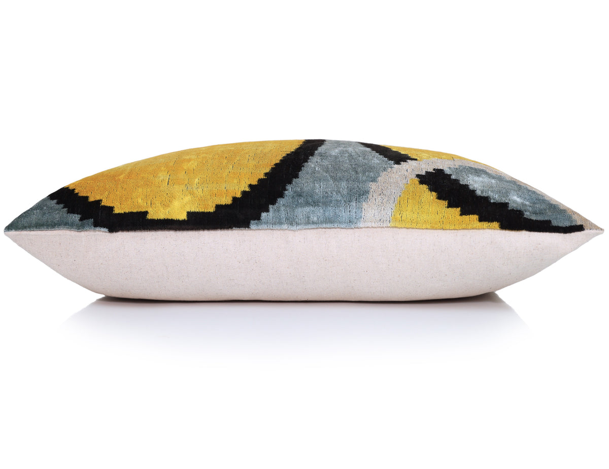 Yellow Abstract Ikat Velvet Lumbar Pillow 16x24 | Handmade Luxury Accent