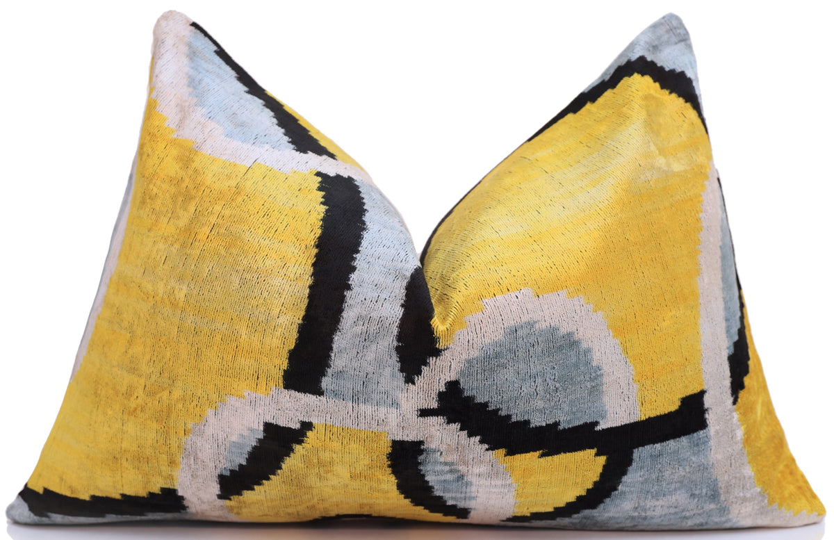 Yellow Abstract Ikat Velvet Lumbar Pillow 16x24 | Handmade Luxury Accent