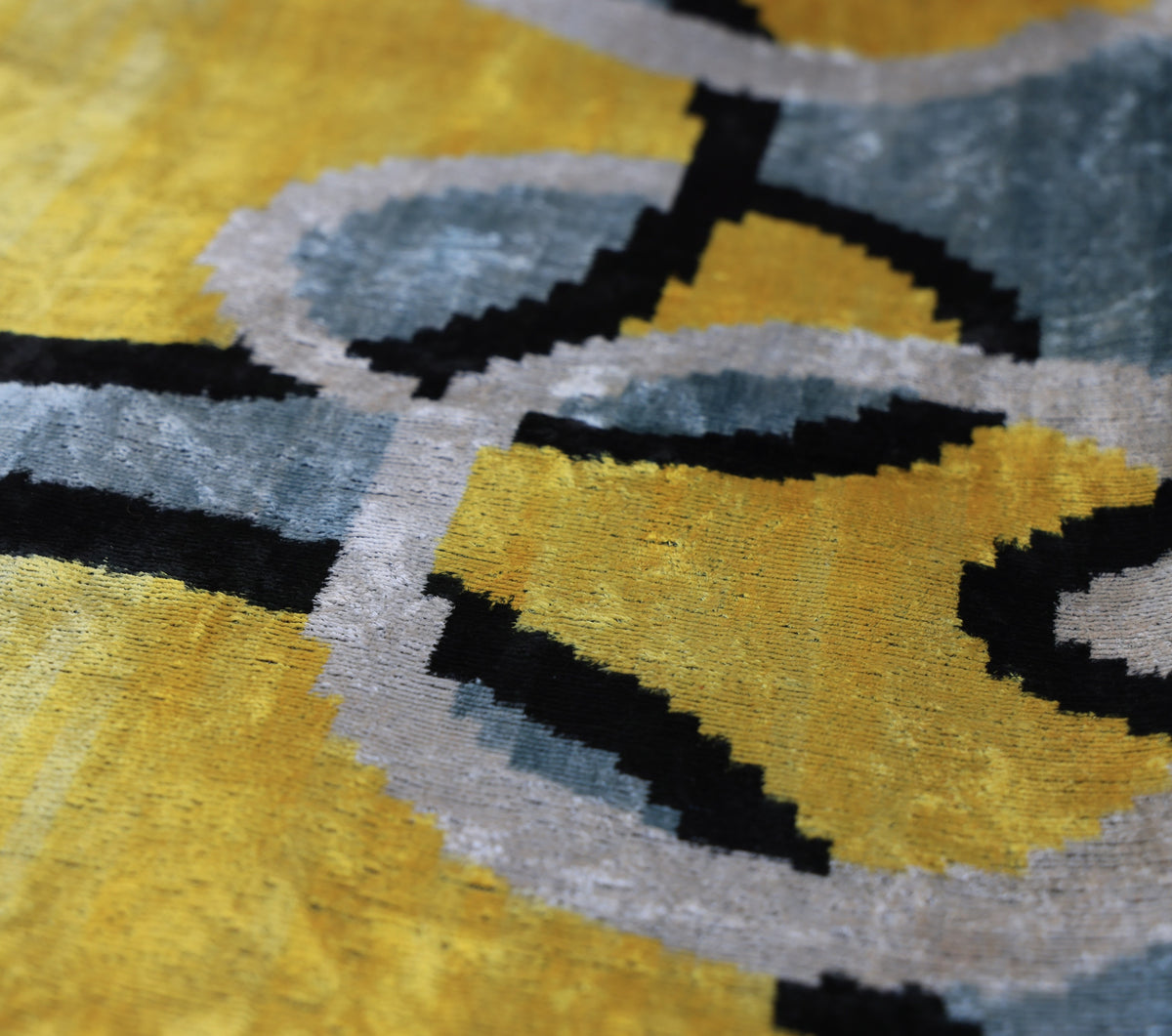 Yellow Abstract Ikat Velvet Lumbar Pillow 16x24 | Handmade Luxury Accent