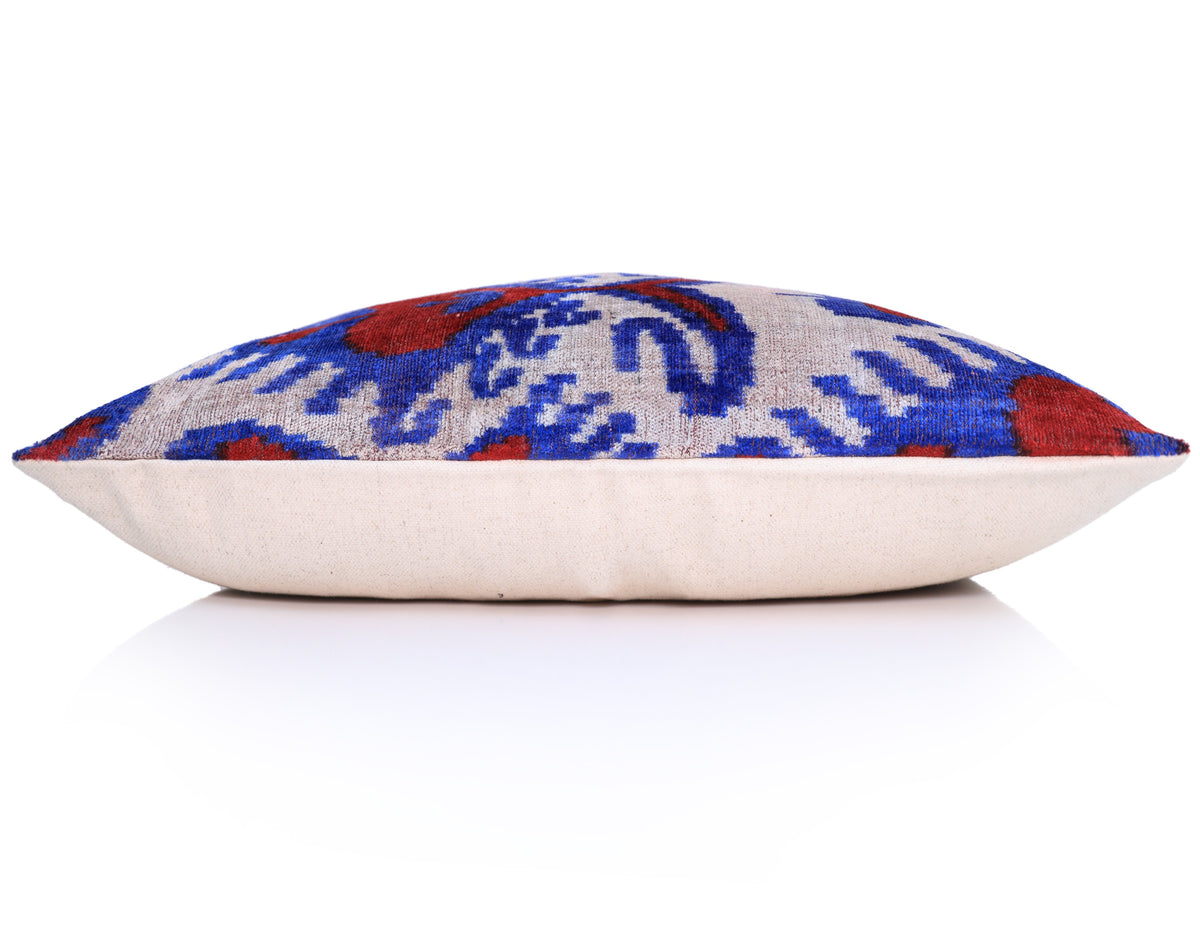 Blue Red Ikat Velvet Lumbar Pillow 16x24 | Handmade Luxury Accent