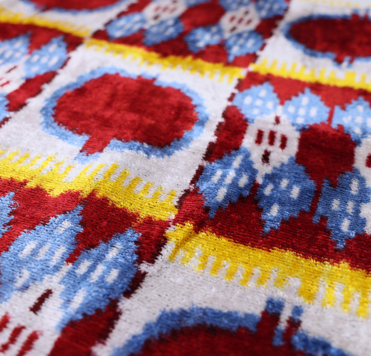 Hand-Knotted Silk Ikat Lumbar Pillow - 16x24 Red & Blue Velvet Accent