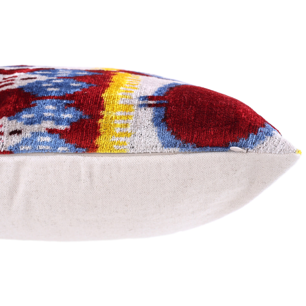 Hand-Knotted Silk Ikat Lumbar Pillow - 16x24 Red & Blue Velvet Accent