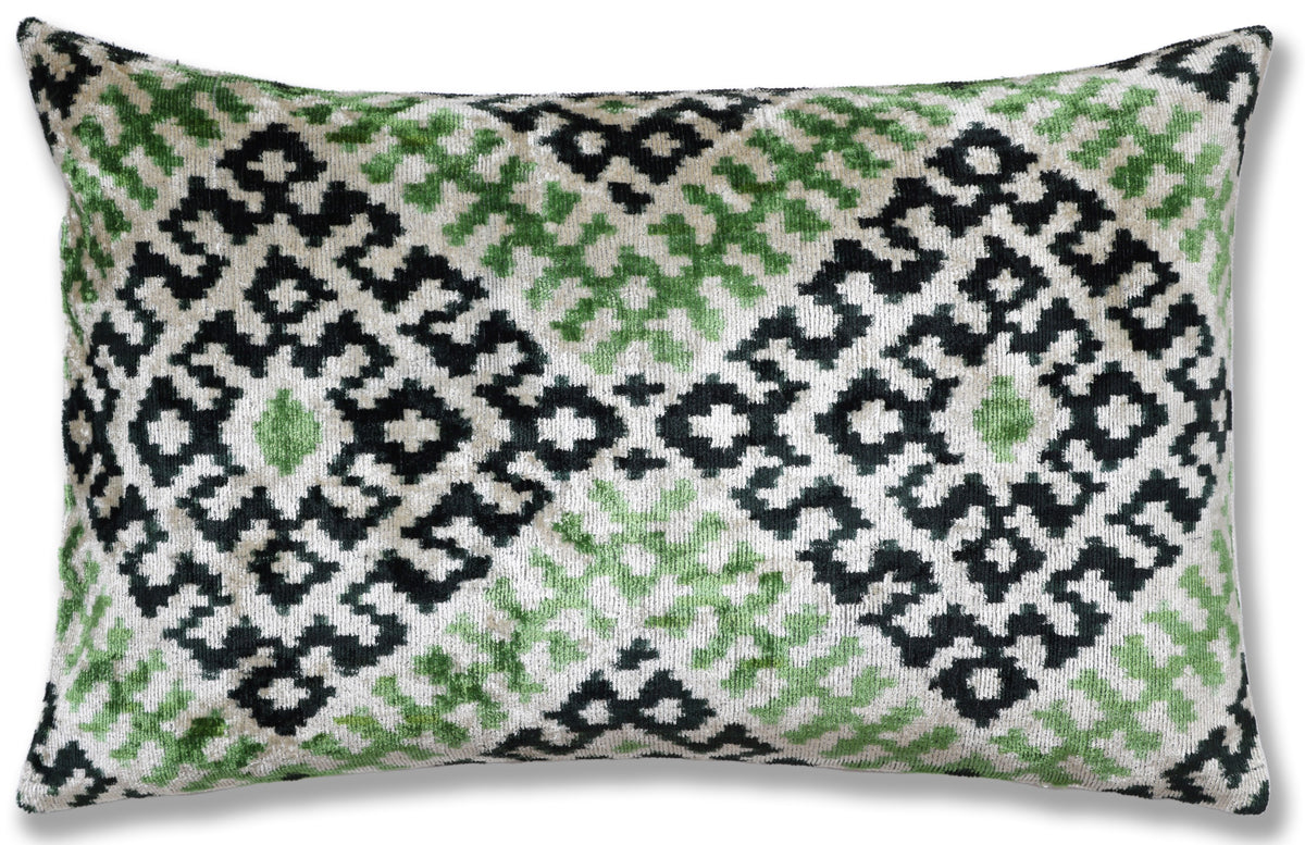 Hand-Knotted Silk Velvet Ikat Lumbar Pillow - 16x24 Moss & Forest Green