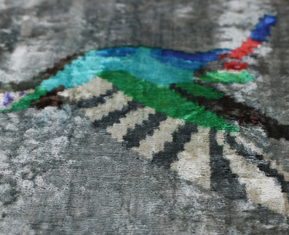 Hand-Knotted Silk Velvet Hummingbird Ikat Lumbar Pillow - 16x24 Silver Grey