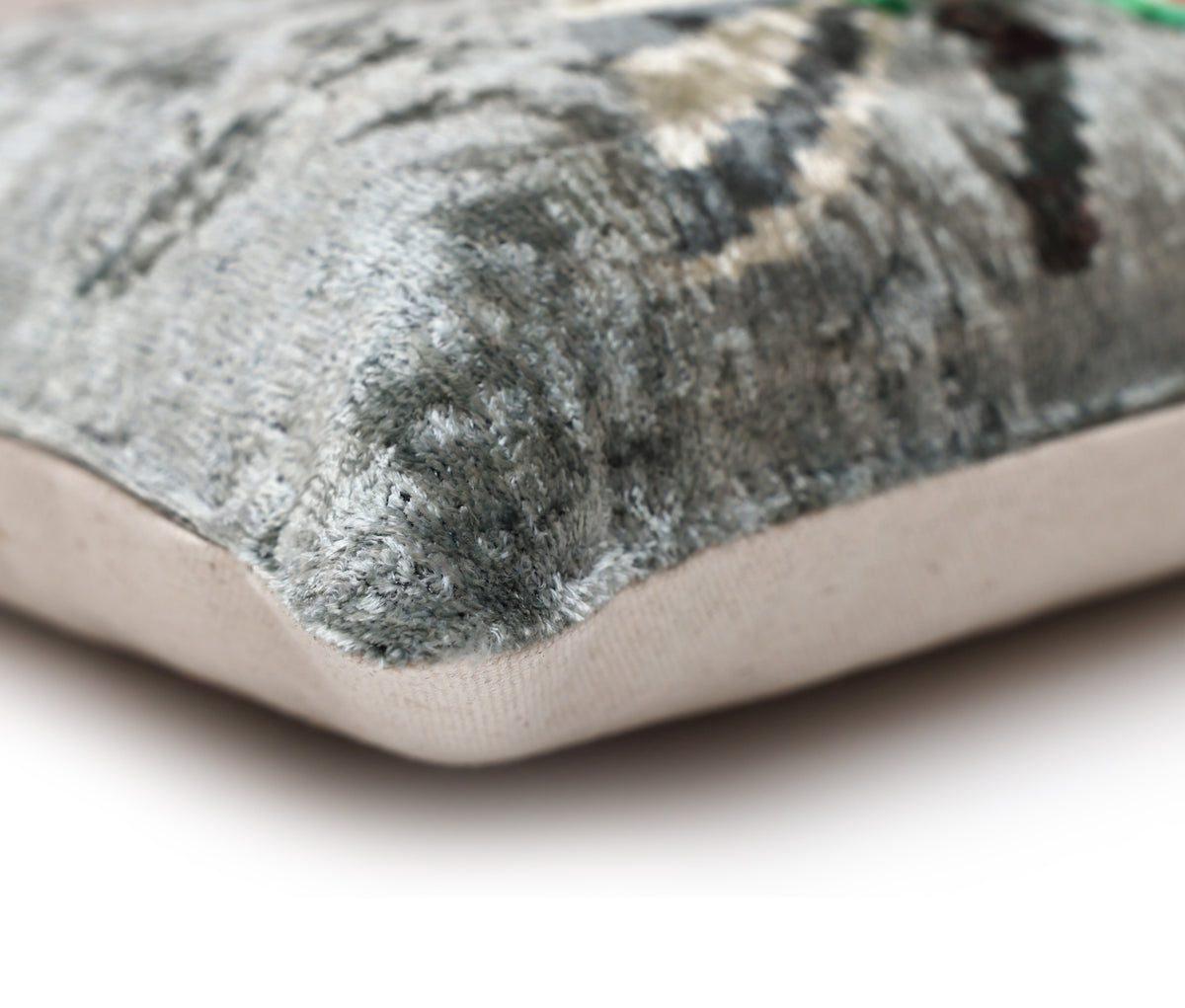 Hand-Knotted Silk Velvet Hummingbird Ikat Lumbar Pillow - 16x24 Silver Grey