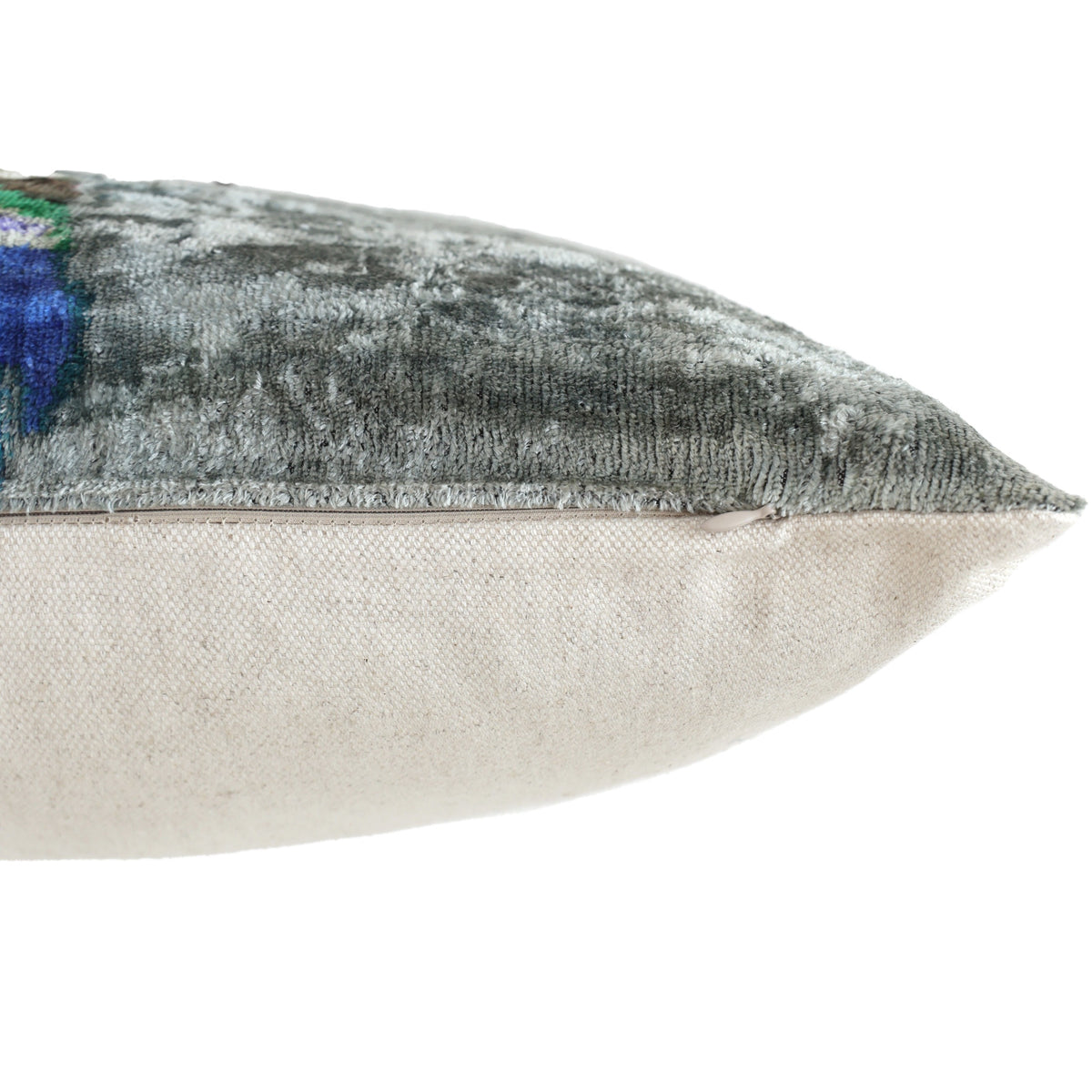 Hand-Knotted Silk Velvet Hummingbird Ikat Lumbar Pillow - 16x24 Silver Grey