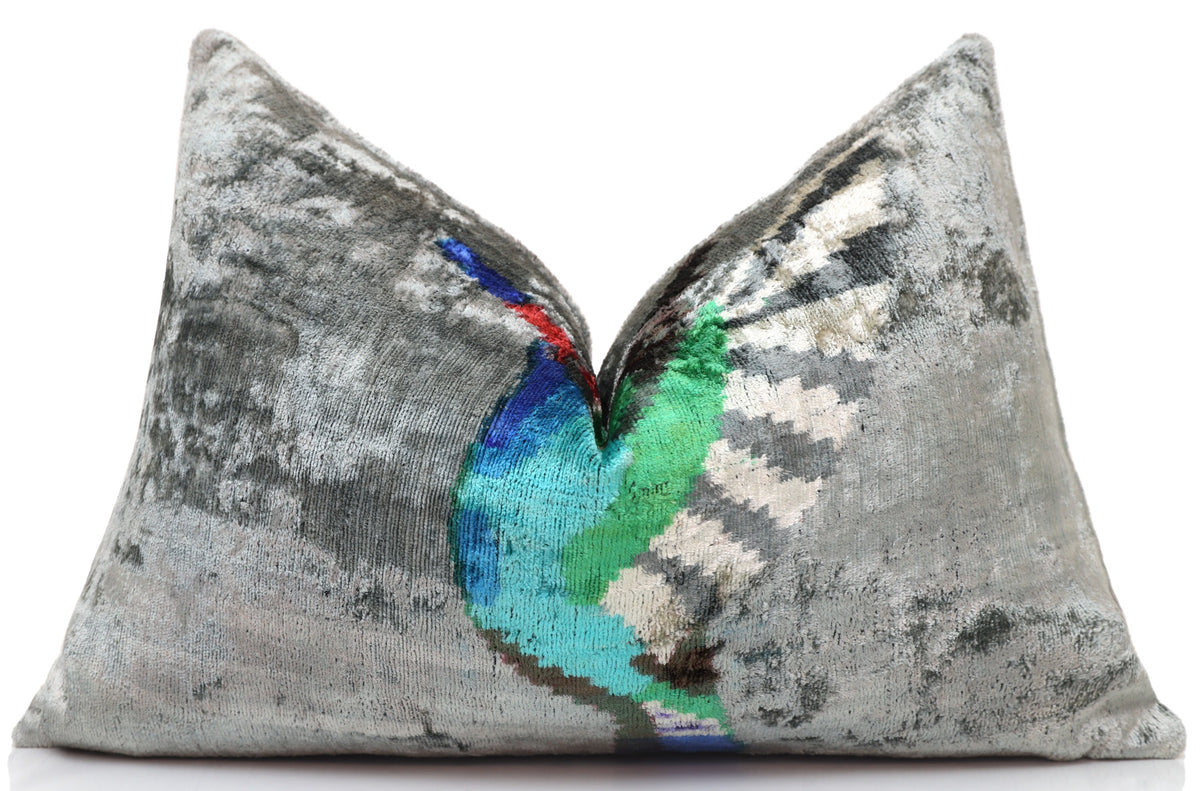 Hand-Knotted Silk Velvet Hummingbird Ikat Lumbar Pillow - 16x24 Silver Grey