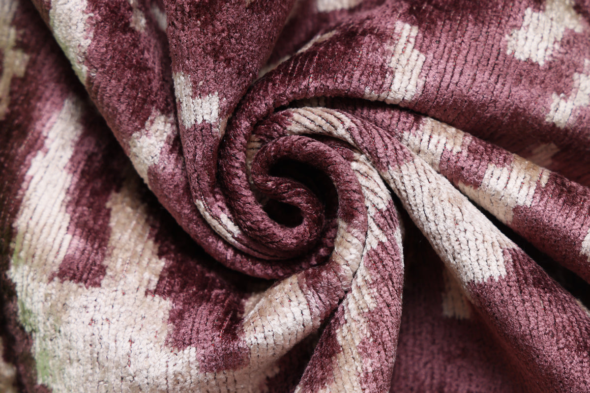 Hand-Knotted Silk Velvet Ikat Lumbar Pillow - 16x24 Plum & Champagne