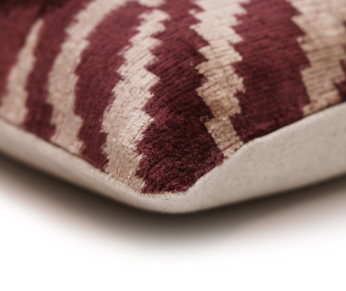 Hand-Knotted Silk Velvet Ikat Lumbar Pillow - 16x24 Plum & Champagne