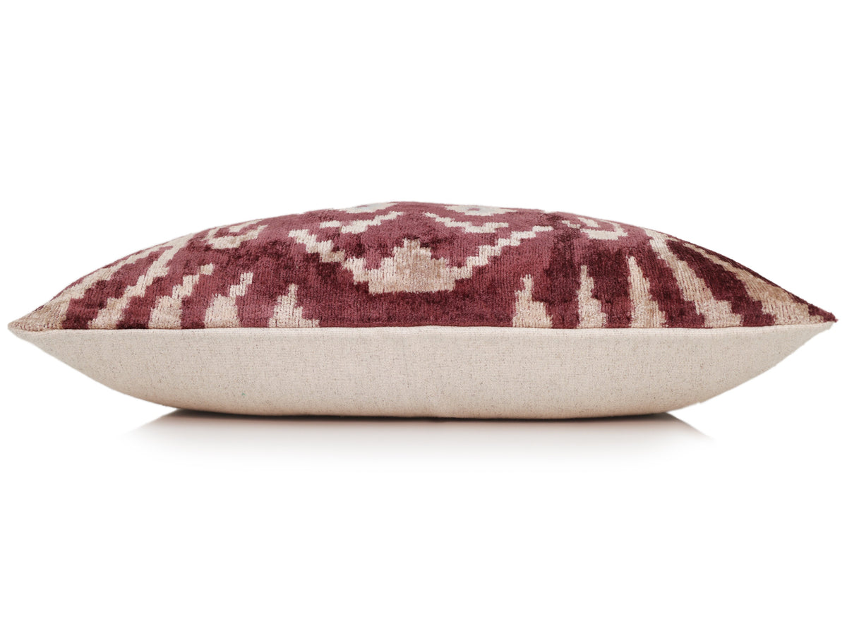 Hand-Knotted Silk Velvet Ikat Lumbar Pillow - 16x24 Plum & Champagne