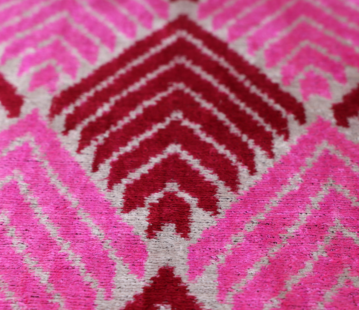 Hand-Knotted Silk Velvet Ikat Lumbar Pillow - 16x24 Fuchsia & Raspberry