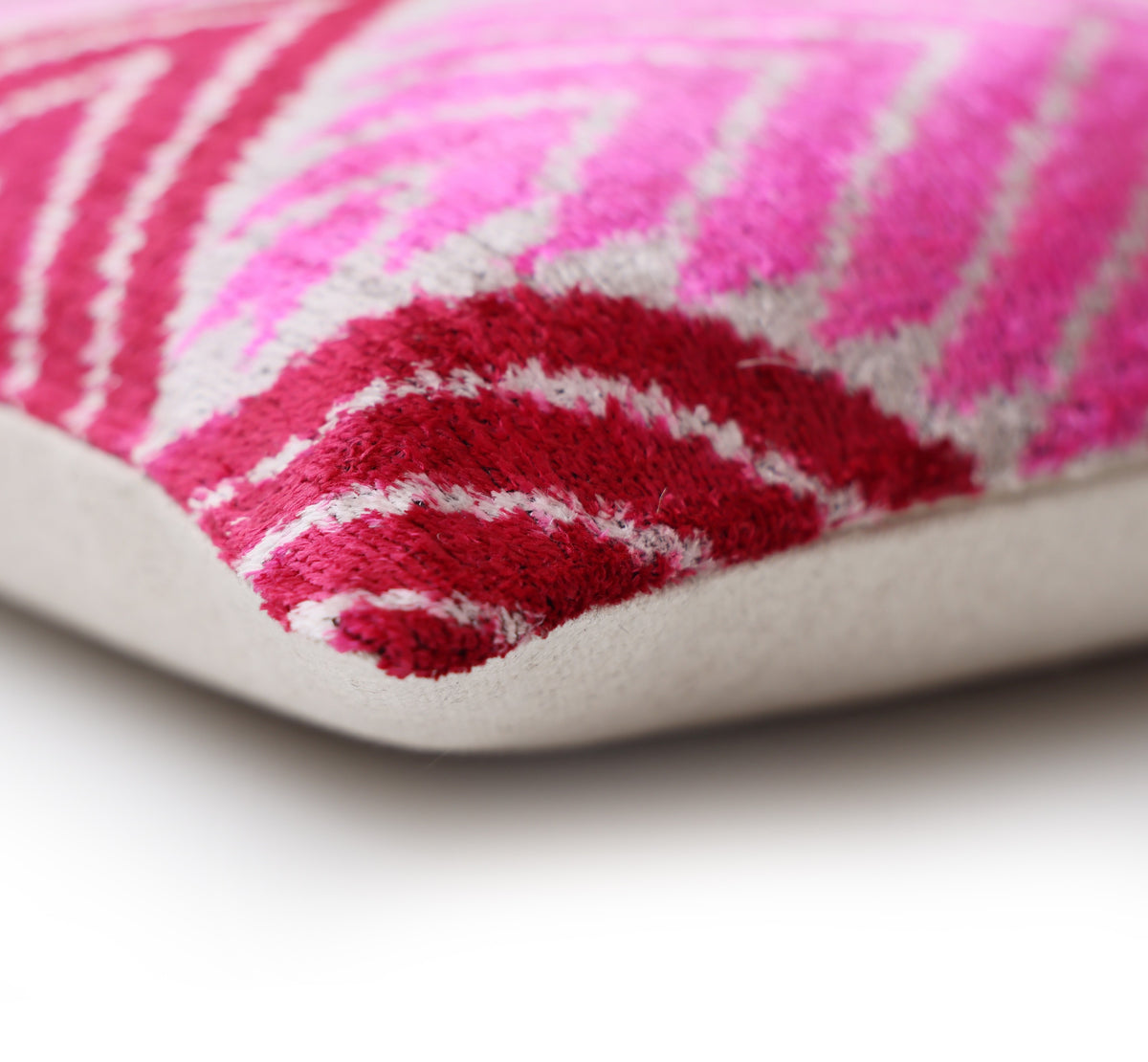 Hand-Knotted Silk Velvet Ikat Lumbar Pillow - 16x24 Fuchsia & Raspberry