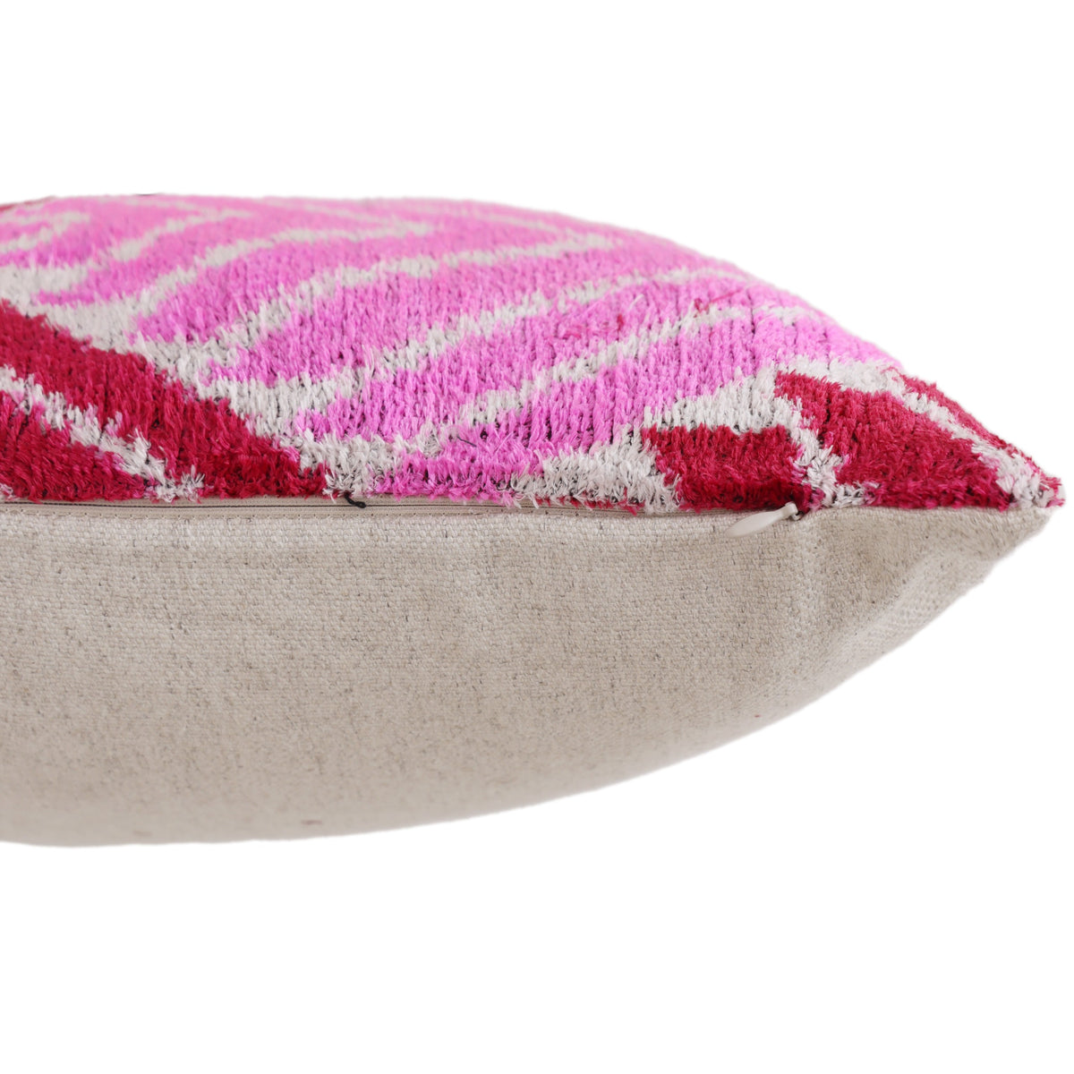 Hand-Knotted Silk Velvet Ikat Lumbar Pillow - 16x24 Fuchsia & Raspberry