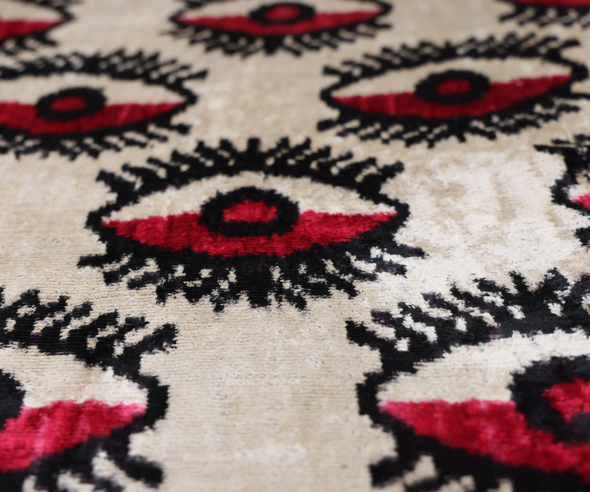 Hand-Knotted Silk Velvet "Evil Eye" Ikat Lumbar Pillow - 16x24 Red & Beige