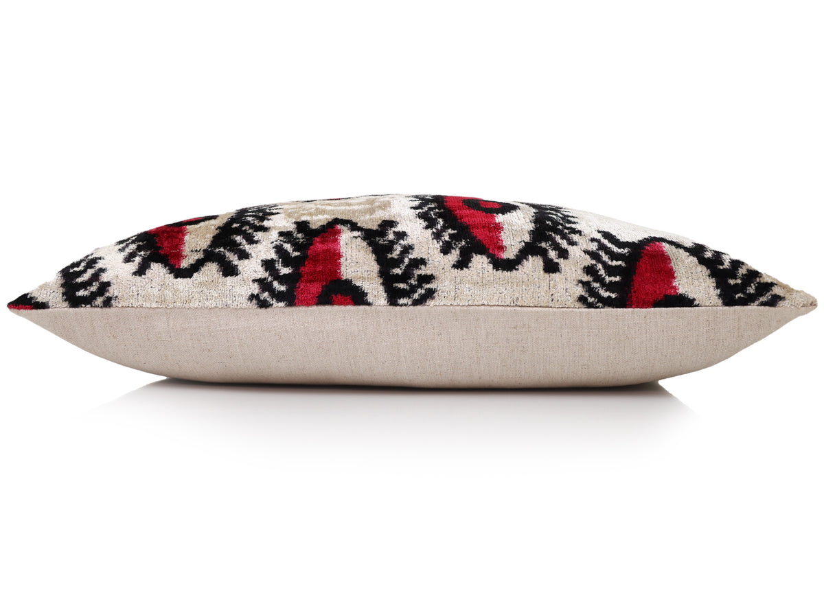 Hand-Knotted Silk Velvet "Evil Eye" Ikat Lumbar Pillow - 16x24 Red & Beige