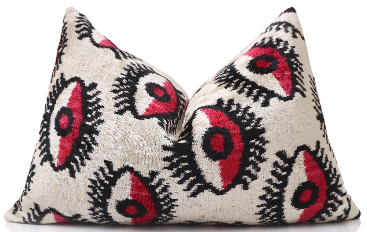 Hand-Knotted Silk Velvet "Evil Eye" Ikat Lumbar Pillow - 16x24 Red & Beige