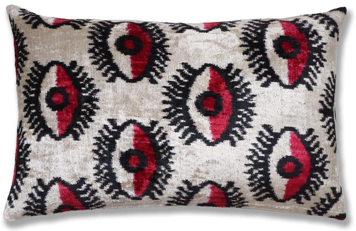 Hand-Knotted Silk Velvet "Evil Eye" Ikat Lumbar Pillow - 16x24 Red & Beige