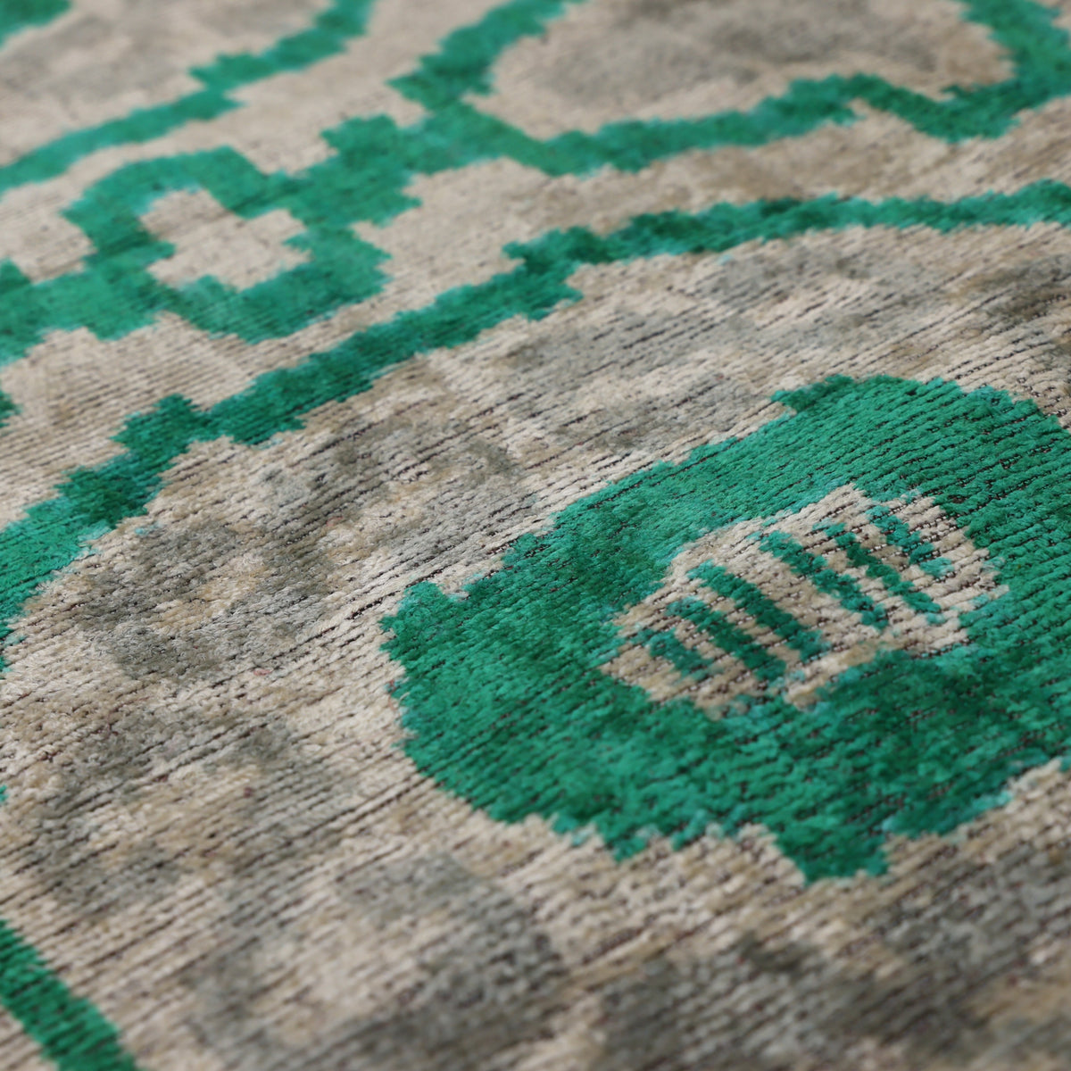 Hand-Knotted Silk Velvet Ikat Lumbar Pillow - 16x24 Emerald & Silver