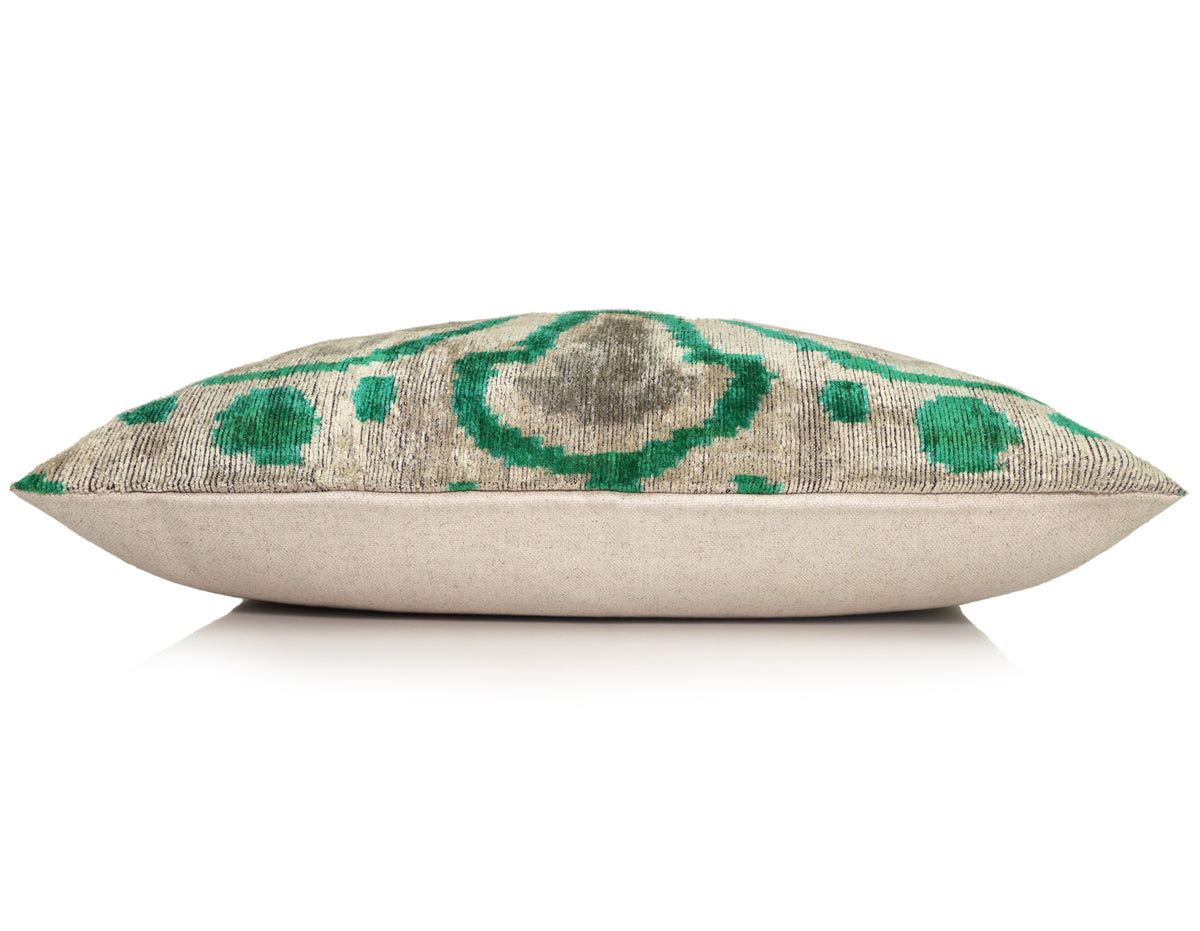Hand-Knotted Silk Velvet Ikat Lumbar Pillow - 16x24 Emerald & Silver